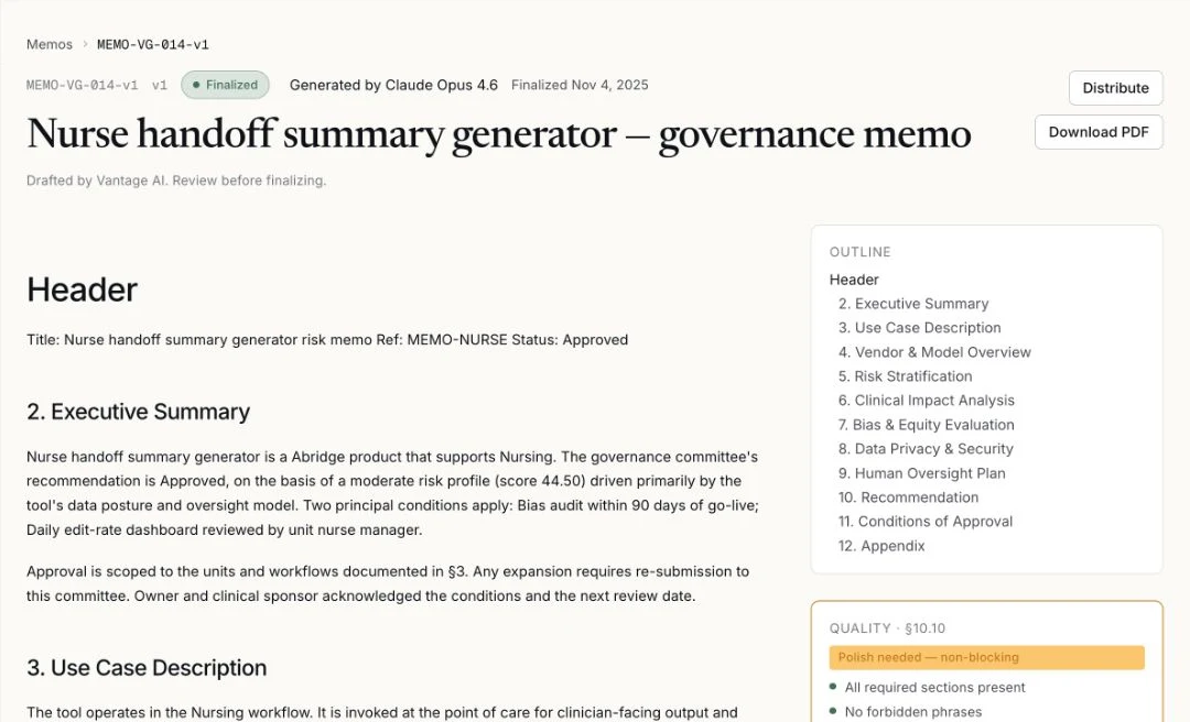 Vantage governance memo with a structured review, quality checks, and supporting evidence.
