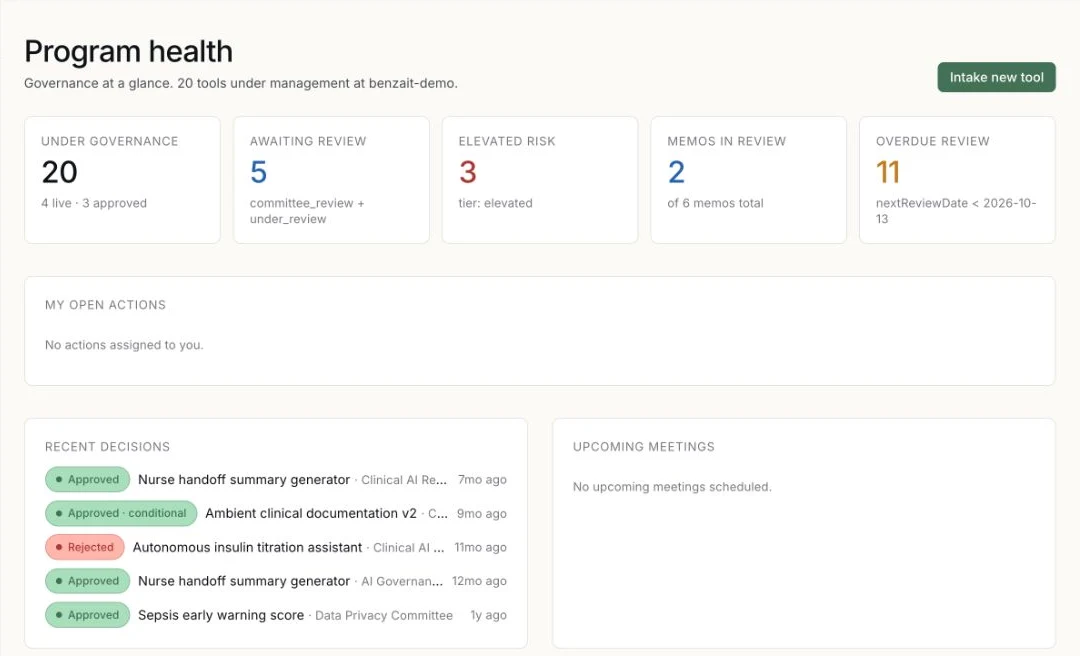 Vantage program health workspace with the AI portfolio, review queues, and items that need attention. Demonstration data.